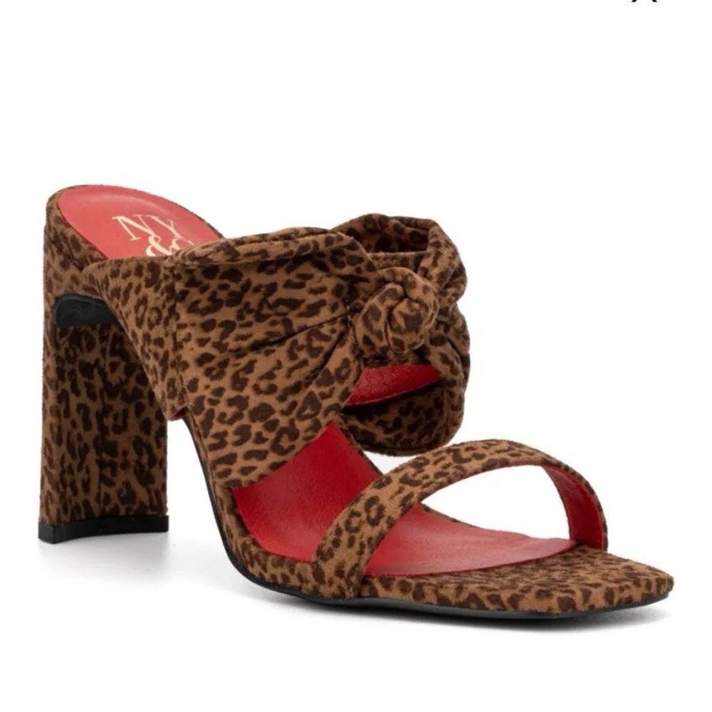 New York & Company Gerri Open Toe Heeled Sandal Women's Sz 9 Leopard Print w Bow